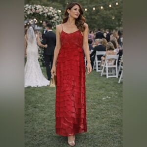 Nina Nischelle Tiered Ruffle Spaghetti Strap Maxi Dress SZ 14